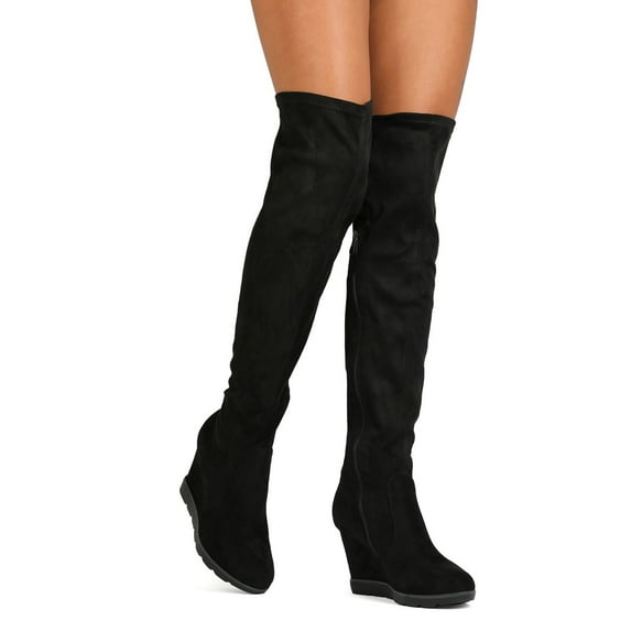 Betani FG40 Women Faux Suede Over The Knee Lug Sole Wedge Boot