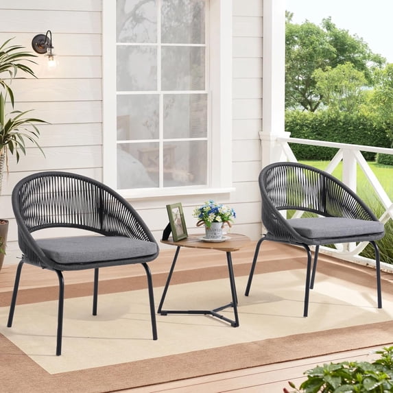 Betcozy 3-Pieces Garden Rocking Bistro Set, Rattan Conversation Furniture Set with PE Resin Hand-woven Wicker, Cushions, Tempared Glass Coffee Table