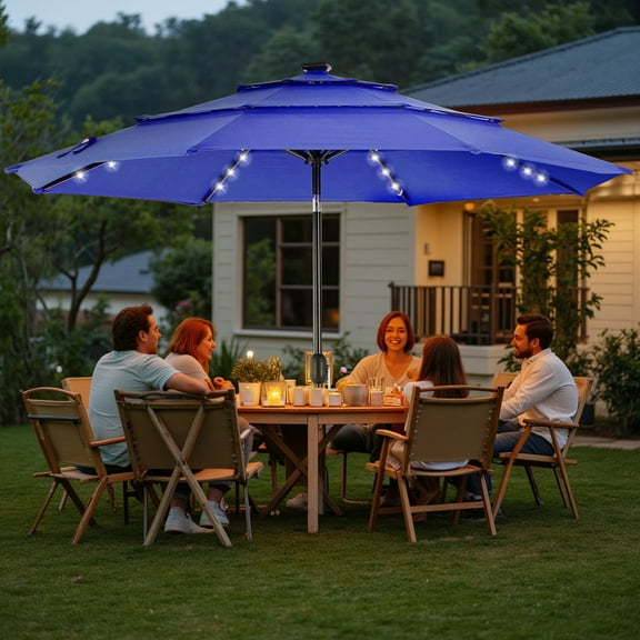 Betcozy 3-Tier Patio Umbrella, 9.2FT Vented Market Table Umbrella with Solar 32 LED Lights, Tilt Adjustment, for Garden, Deck, Backyard, Pool and Beach, Blue