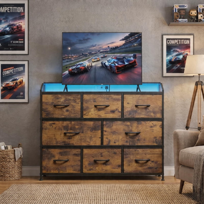 Betcozy 9 Drawer TV Stand with LED Lights & Power Outlet, 35" Tall Dresser for Bedroom & Living Room, Entertainment Center with Charging Station, 1.5mm Heavy-Duty Frame Storage Tower, Brown