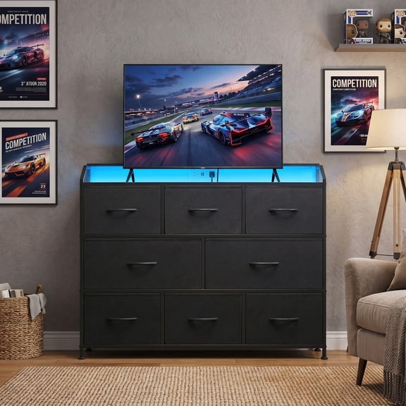 Betcozy 9 Drawer TV Stand with LED Lights & Power Outlet, 35" Tall Dresser for Bedroom & Living Room, Entertainment Center with Charging Station, 1.5mm Heavy-Duty Frame Storage Tower, Black