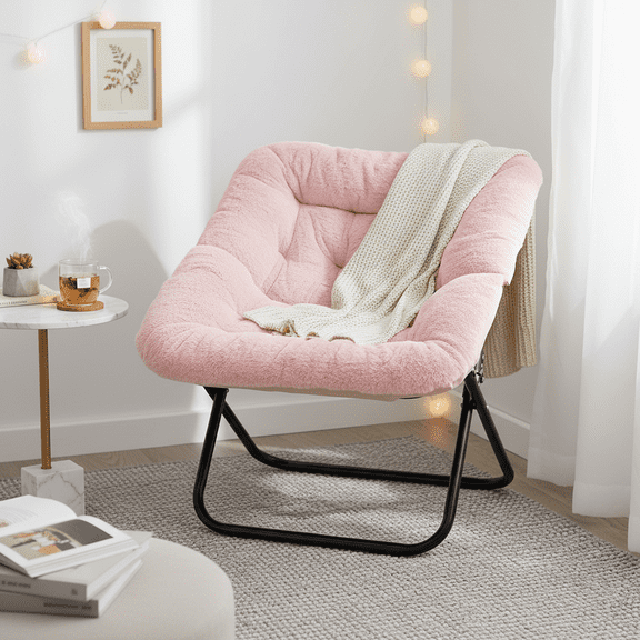 Betcozy Accent Chair, Folding Saucer Chair with Faux Fur Padded for Lounge Reading, Living room Chair, Pink