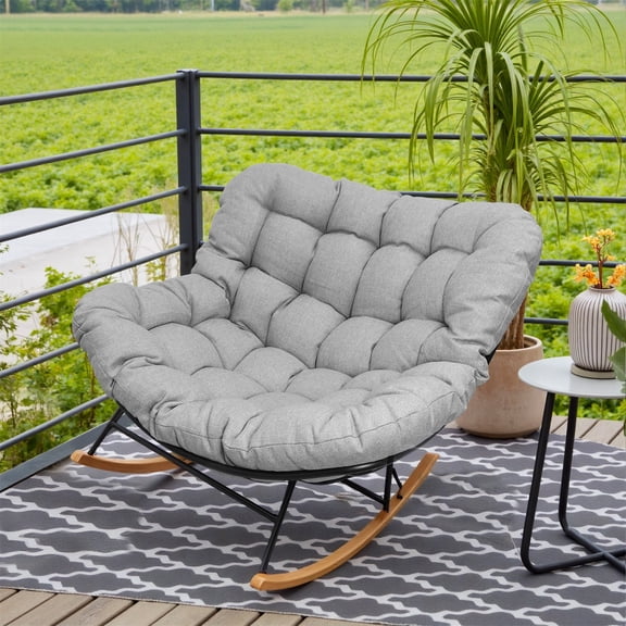 Betcozy All-Weather Rocking Papasan Chair, Rust-Resistant Metal Patio Rocker with Thick Water-Repellent Cushion, Heavy Duty Outdoor Lounge Chair for Porch, Deck & Garden, Gray Big