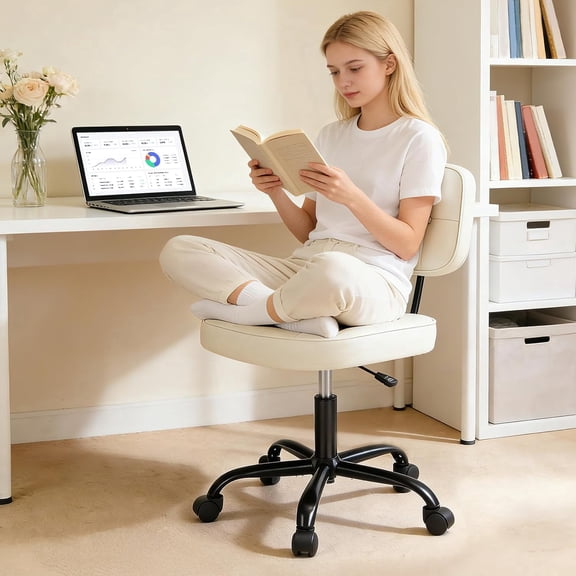 Betcozy Armless Rolling Office Chair, Compact Tufted Vanity Chair with Height Adjustment, Modern PU Leather Task Chair for Small Office, Beige