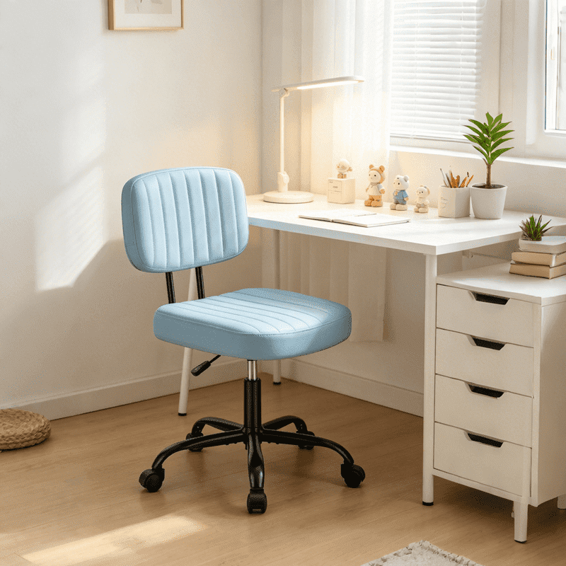 Betcozy Armless Rolling Office Chair, Compact Tufted Vanity Chair with Height Adjustment, Modern PU Leather Task Chair for Small Office, Blue