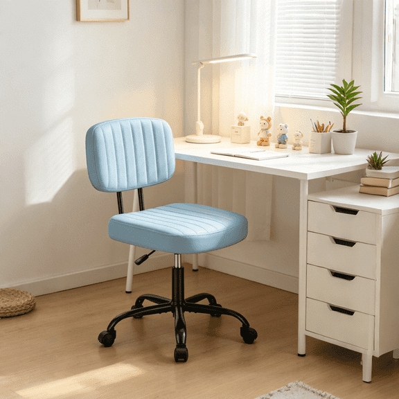 Betcozy Armless Rolling Office Chair, Compact Tufted Vanity Chair with Height Adjustment, Modern PU Leather Task Chair for Small Office, Blue