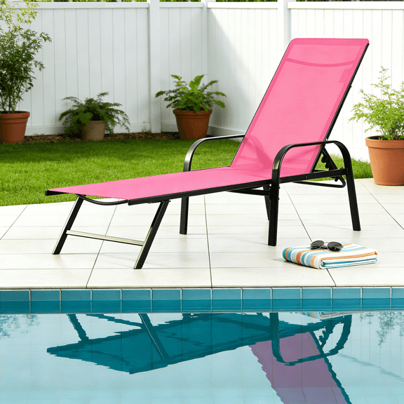 Betcozy Folding Camping Cot, Adjustable Reclining Lounge Chair with Pillow for Patio Lawn, Beach, Supports 250LBs, Red