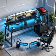 Betcozy Gaming Desk with LED Lights and 3 Drawers, Reversible Computer Desk with Full Monitor Stand and Power Outlet, 59" Home Office Desk with CPU Storage Tower, Carbon Fiber Black