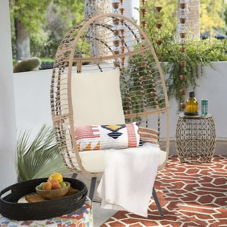 Wicker Egg Chair Outdoor Rattan Patio Chair with Cushion,Oversized Patio Lounge Chairs with Cushion Egg Basket Chair, Egg Seat for Indoor Living Room Bedroom Outside Patio Backyard Balcony, Beige