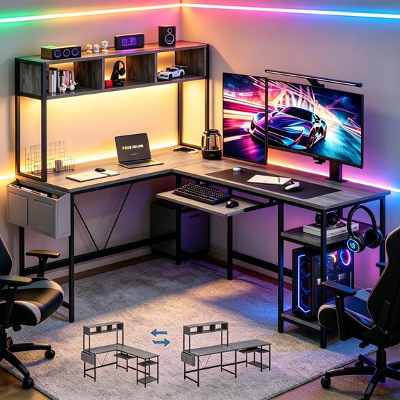 Betcozy L Shaped Desk with LED Lights, 67 Inch Reversible Corner Computer Desk with Power Outlet, Hutch, 2 Tier Storage Shelves and Headphone Hook, Gray