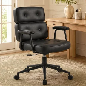 Betcozy Mid-Century Modern Desk Chair, Comfortable Tufted Leather Computer Chair with Padded Arms, Cozy Swivel Lounge Task Chair for Writing, Studying, Reading & Creative Studio,Black