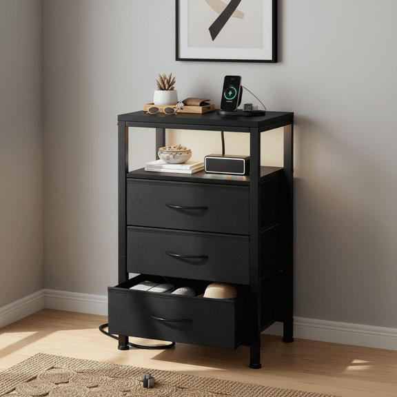 Betcozy Nightstand with Light, Bedside End Table with Charging Station &3 Fabric Drawers, Adjustable Feet and Variable Light Strip, Black