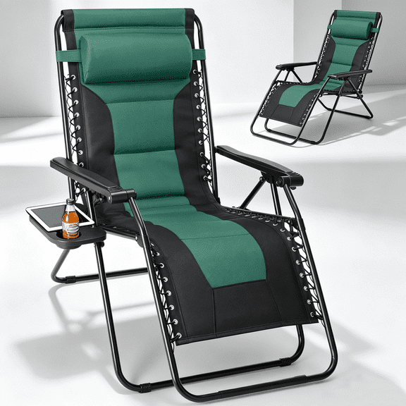 Betcozy Padded Zero Gravity Chair, Heavy Duty 450lbs Capacity Reclining Lounge Chair, Built-in Cushioned Folding Patio Chair with XL Side Tray & Adjustable Pillow for Garden, Backyard, Green