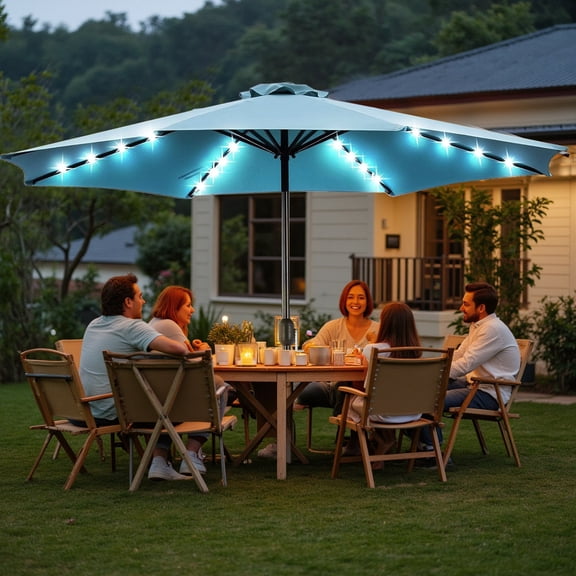 Betcozy Patio Umbrella with 32 LED Lights, 10FT Outdoor Solar Umbrellas with Push Button Tilt and Crank, 8 ribs, for Market, Beach, Pool,Garden, Deck, Blue