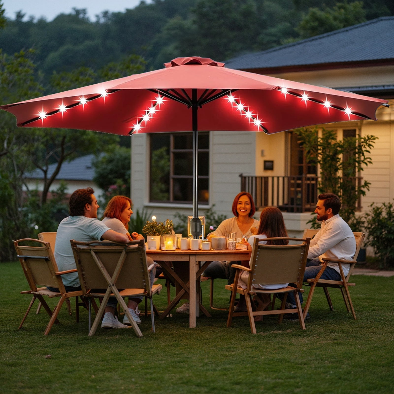 Betcozy Patio Umbrella with 32 LED Lights, 10FT Outdoor Solar Umbrellas  with Push Button Tilt and Crank, 8 ribs, for Market, Beach, Pool,Garden,  Deck, Red - Walmart.com