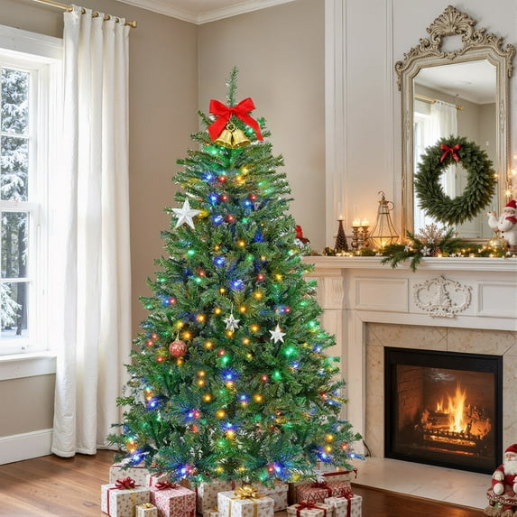 Betcozy Pre-lit Christmas Tree with Lights, 6ft Artificial Spruce Christmas Trees Hinges, Multicolor LED Lights& 347 Branch Tips& Metal Stand for Home, Office, Party Decoration, Green