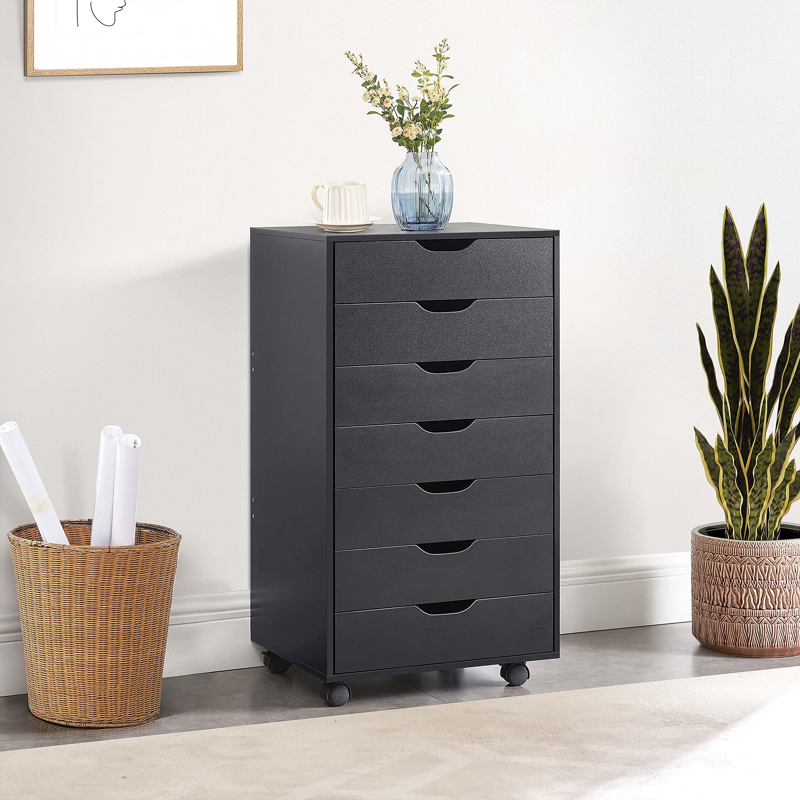 Betcozy Storage Organizer, 7 Drawer File Cabinets Dressers With Wheels, Wood Cabinet For Home Office, Bedroom, Study, Black