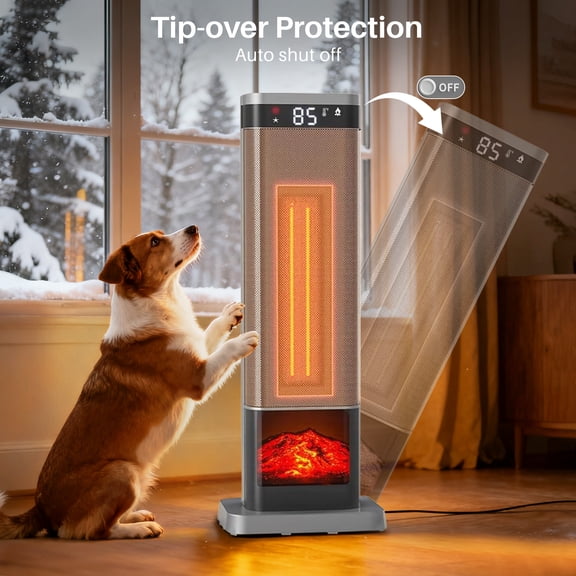 Betcozy Tower Space Heater with Flame Effect- 1500W Heating Electric Heater with 3 Light Modes, 60° Oscillation, Remote Control for Indoor Use (Silver)