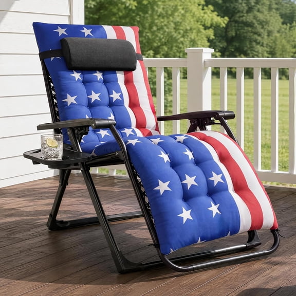 Betcozy Zero Gravity Chair, Patio Folding Lawn Outdoor Lounge Gravity Camp Reclining Lounge Chair with Cup Holder Pillows for Poolside Backyard and Beach, (Star Spangled )