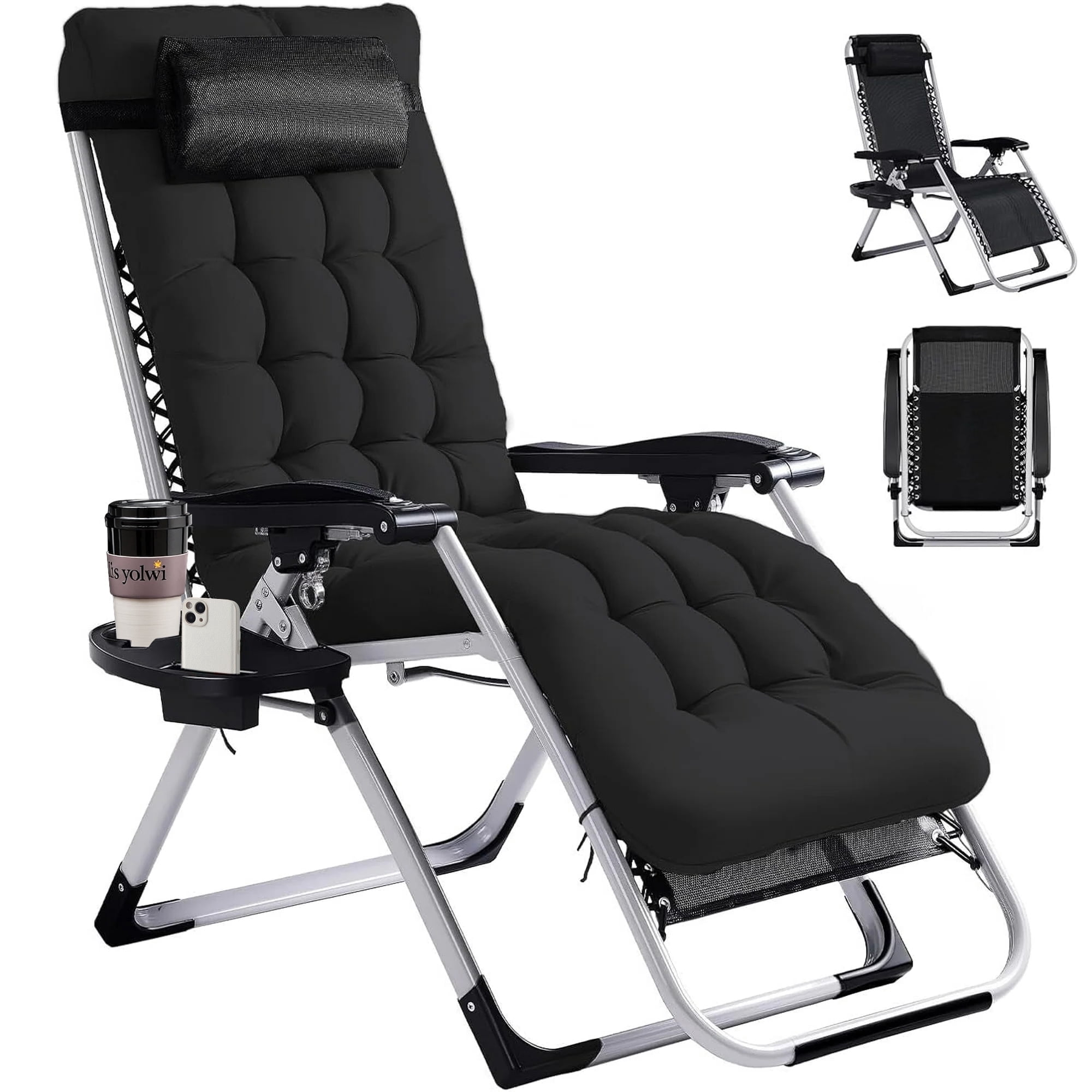 Betcozy Zero Gravity Chairs, Patio Folding Lawn Outdoor Lounge Gravity Camp Reclining Lounge Chair with Cup Holder Pillows for Poolside Backyard and Beach(Black)