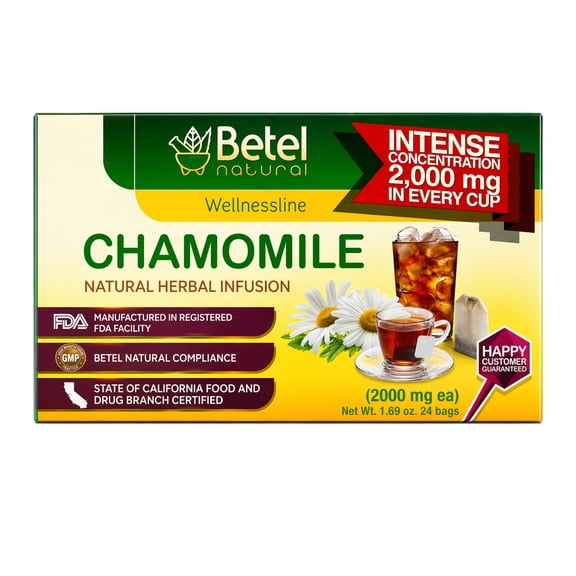 Betel Natural Chamomile Tea Bags Natural Herbal Infusion, 2000 mg Per Cup, Caffeine Free, Relaxing Herbal Tea, 24 Tea Bags