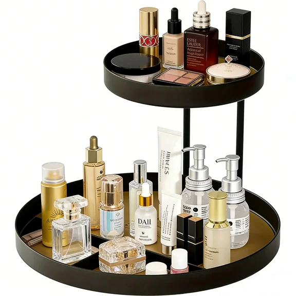 Beteliva 2-Tier Makeup Rack, Metal Frame Storage Rack, Round Jewelry Tray, Key Rack, Decorative Shelves for Entrance, Bathroom, Bedroom(Brown)