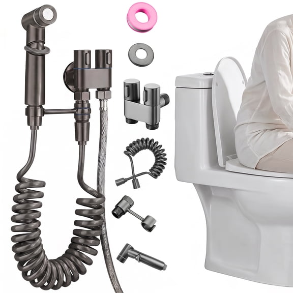 Beteliva Handheld Bidet Sprayer Kit with Coil Hose and Dual Valve Adapter, Adjustable Water Pressure Toilet Jet Sprayer for Shower, Grey