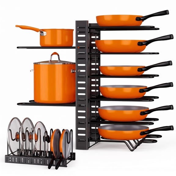 Beteliva Pots and Pans Organizer Rack, 8-Tier Adjustable Cookware Holder, Heavy Duty Metal Cabinet Rack with Non-Slip Silicone Pads, 3 Diy Methods