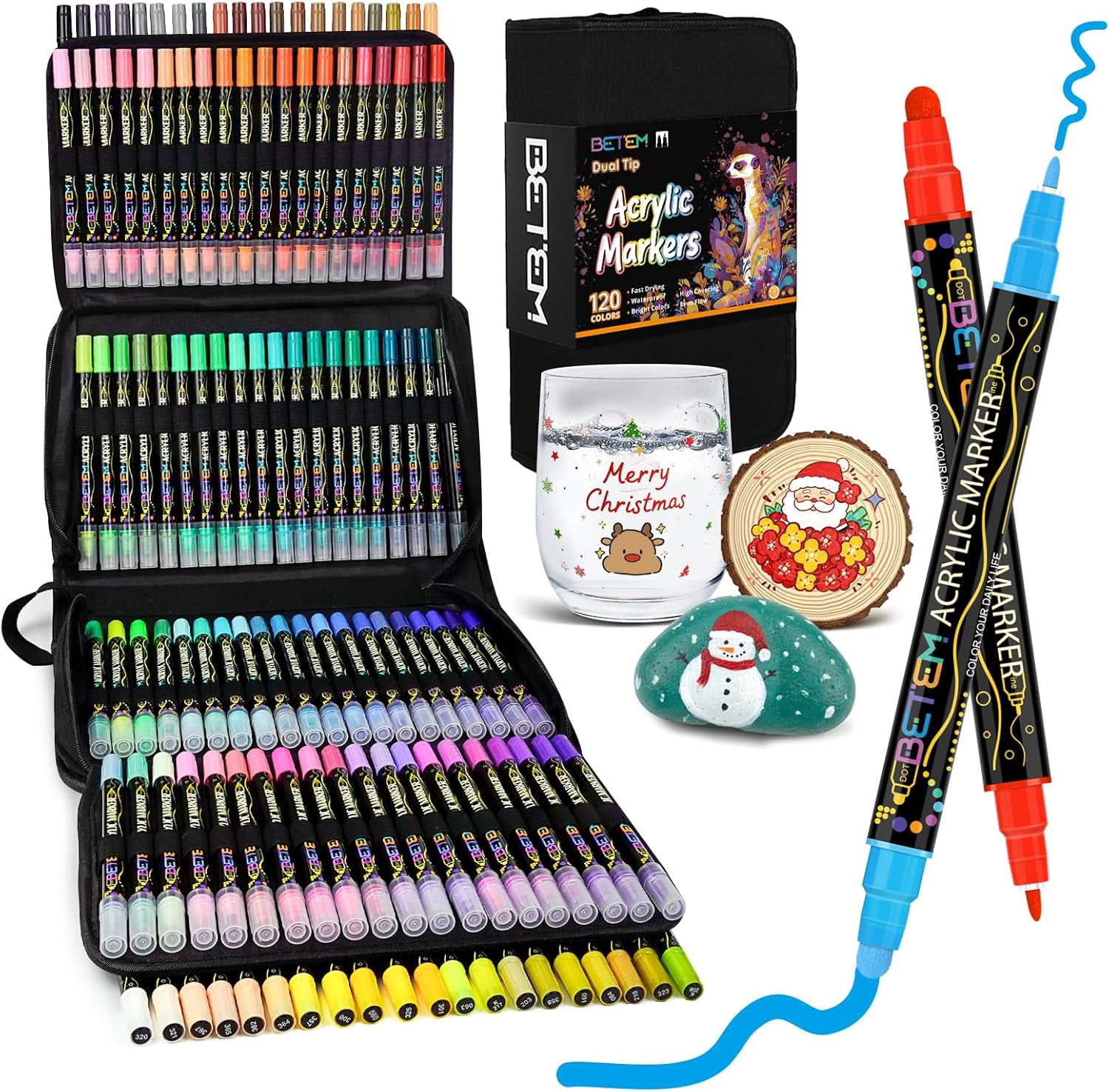 Betem 120 Colors Dual Tip Acrylic Paint Pens Markers, Premium Acrylic Paint Markers Stocking Stuffers for Rock, Wood, Fabric, Glass, Canvas, Ceramic, Christmas Gifts for Teens DIY Crafts Art Supplies