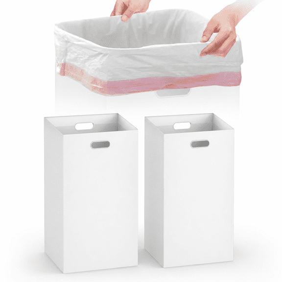 Beth 2 Pack Disposable Trash Cans for Parties, 30 Gallon Large Collapsible Garbage Cans with Handle, Thick Recycled Cardboard Recycling Bins for Party Events Camping (30"H x 14" W x 14" D), White