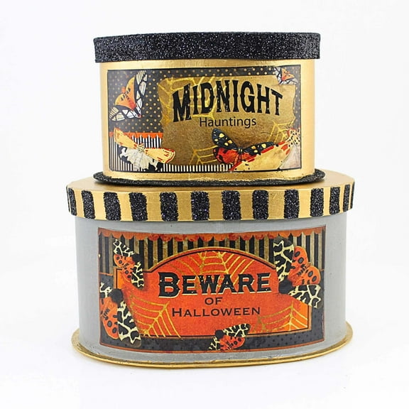Bethany Lowe 5.00In Halloween Moth Boxes, Paper, Halloween Stackable Oval Boxes 2Pc Spider Web Moth Tl23532pcset