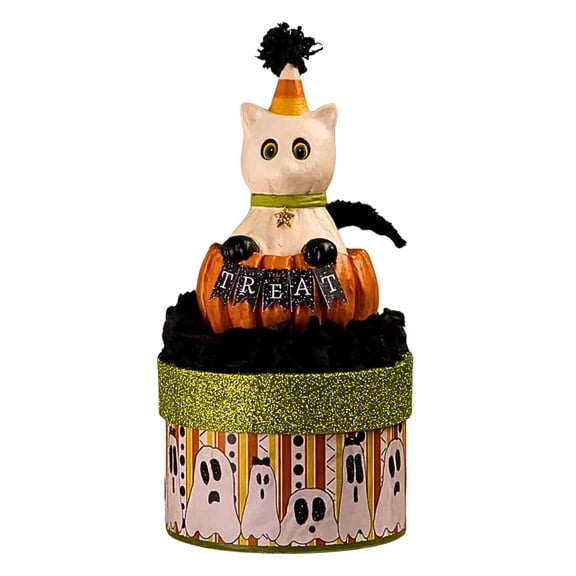 Bethany Lowe 8.75In Treat Casper On Box, Resin, Ghost Feline Tl5365