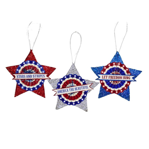 Bethany Lowe American Glitter Star Ornament - Three Ornaments 3.25 Inch, Paper - Flag Usa Banner Tf9109