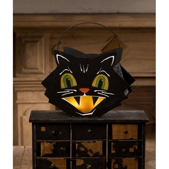 Bethany Lowe Mr. Cool Cat Halloween Lantern, Tin, Black