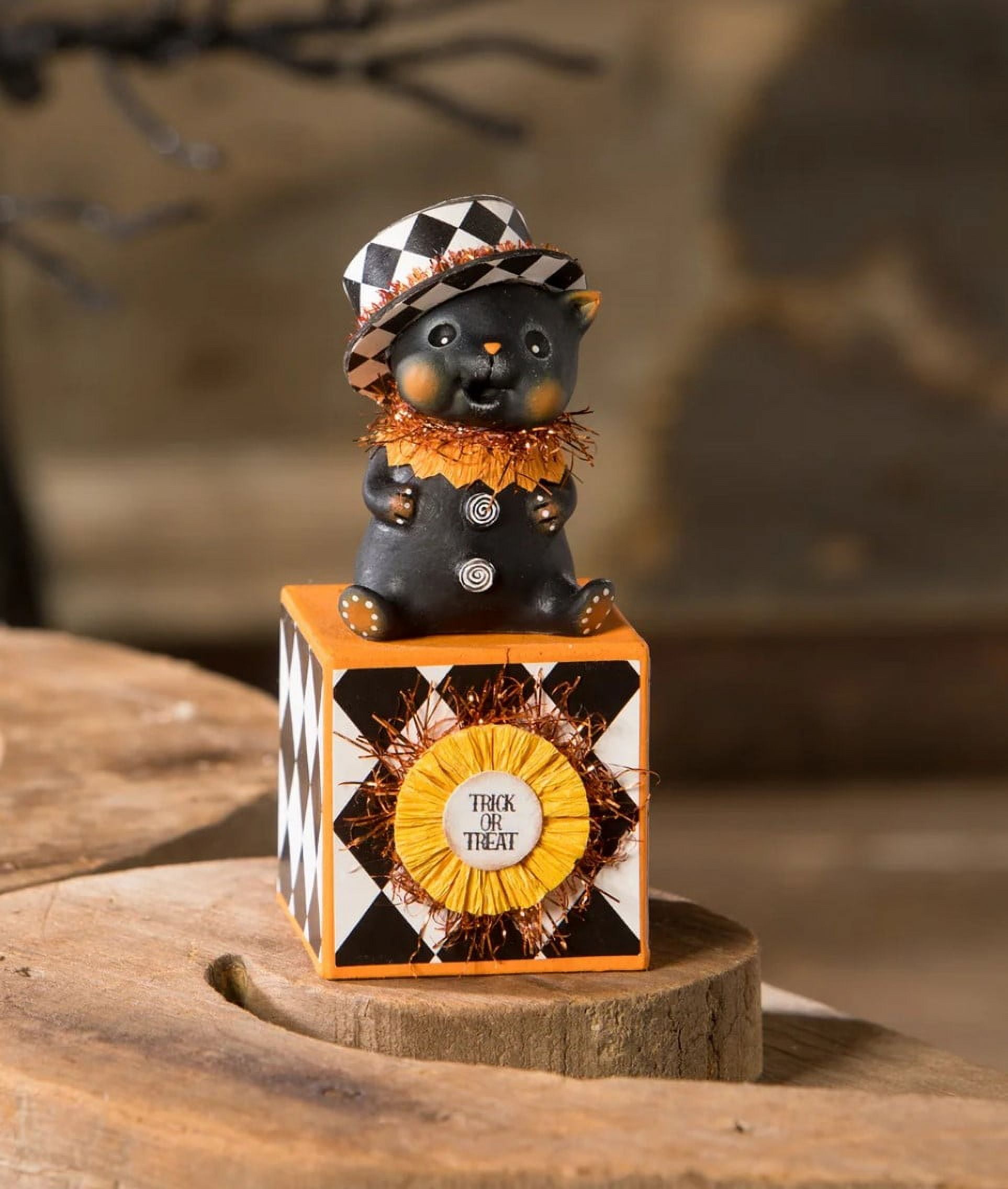 Bethany Lowe Top Hat Kitty on Block Black Cat Halloween Figure MA3078