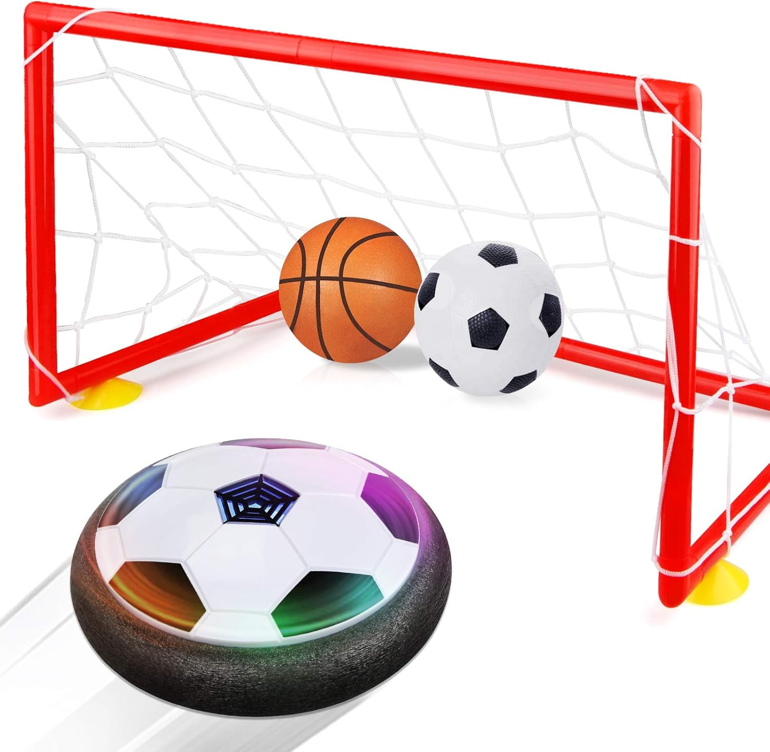 Betheaces Kids Toys Hover Soccer Ball Set with 2 Goals, Air Power Soccer LED Indoor Game Sports Toys - Included Inflatable Football, Basketball, Pump