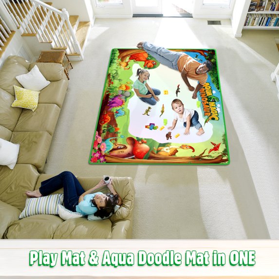 Betheaces Water Doodle Drawing Mat, Fabric Dinosaur Play Mats Painting Writing 7 Rainbow Colors with Magic Pens 60" x 36"