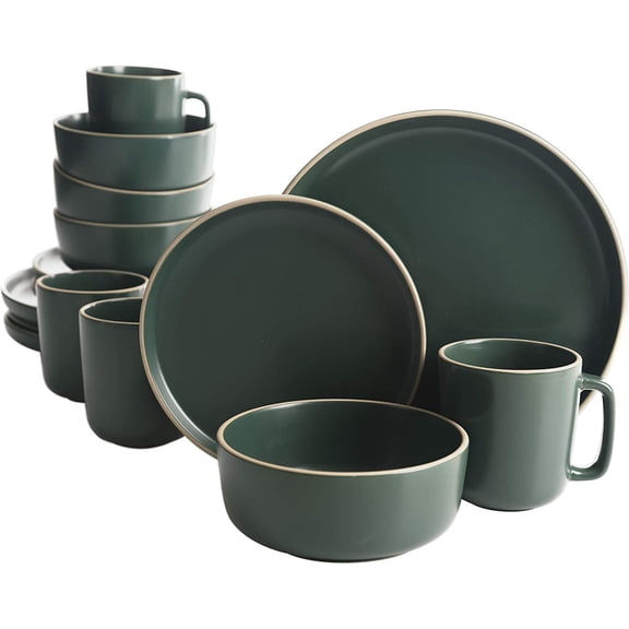 Bethel 18 Piece Plates and Bowls Ceramic Stoneware Organic Shape Dinnerware Set (Service for 6) - Matte Black