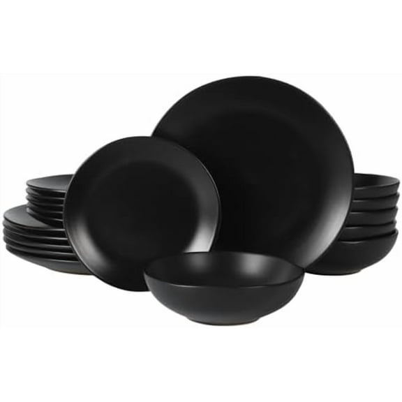 Bethel 18 Piece Plates and Bowls Ceramic Stoneware Organic Shape Dinnerware Set (Service for 6) - Matte Black