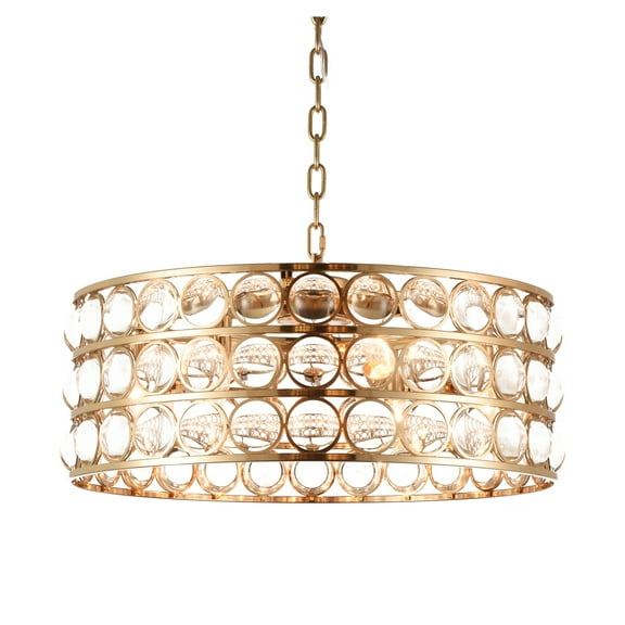 Bethel A GOLD DRUM SHADE CHANDELIER WITH CLEAR CRYSTAL BALLS EMBEDDED INTO THE FRAME