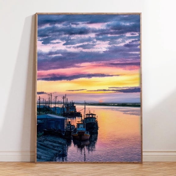 Bethel Alaska Remote Harbor River Sunset Travel Wall Art, Unframed Paper Print Size 8x12
