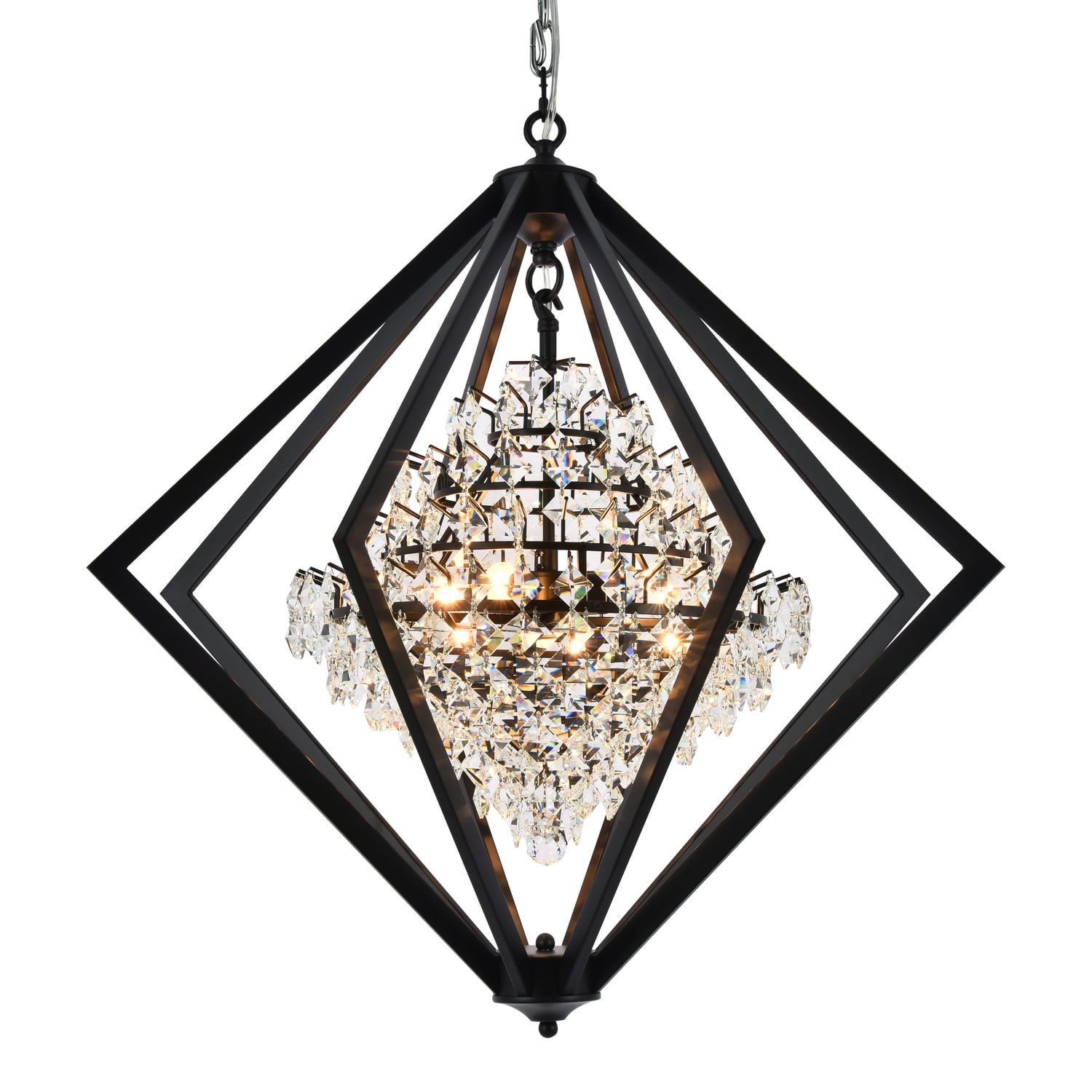 Elegant Black Metal & Crystal Diamond Cage Chandelier, 28"
