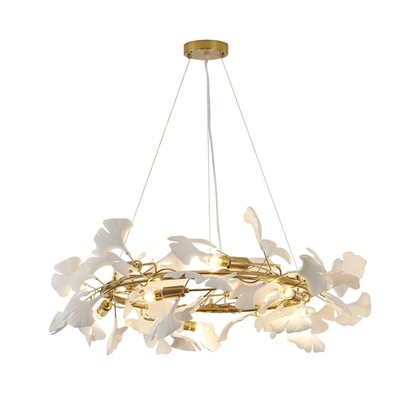 Design Living 10-Light D31.5" Round Brass Frame Chandelier with White Acrylic Leaf Accents