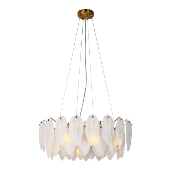 Design Living 16-Light D23.6" Round Brass Frame Chandelier with Hanging Frosted White Glass Leafs