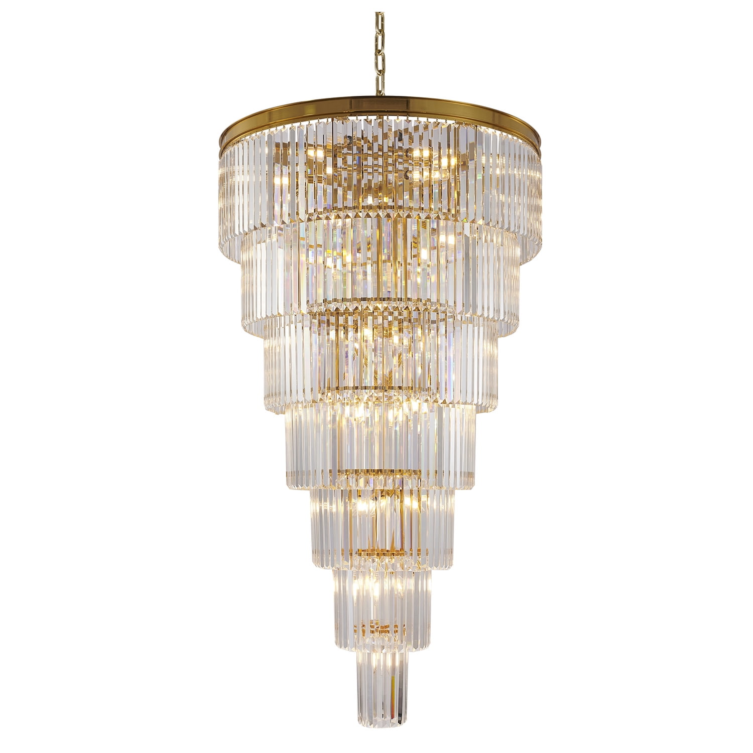 Seven-Tier Brass and Crystal Chandelier with Adjustable Chain
