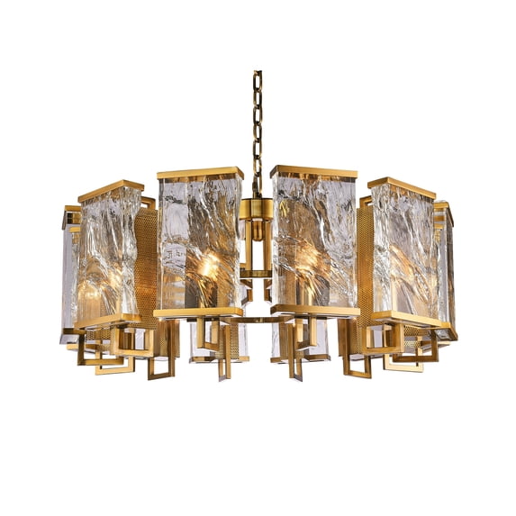 Bethel A BRASS FRAME CHANDELIER WITH CLEAR DISTORTED CRYSTAL PLAQUES