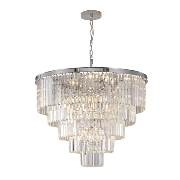 Design Living 15-Light D32" Five Tier Chrome Frame Chandelier with Clear Hanging Crystals