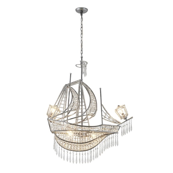 Design Living 4-Light Antique Silver Sail Boat Chandelier With Clear Crystal Accents