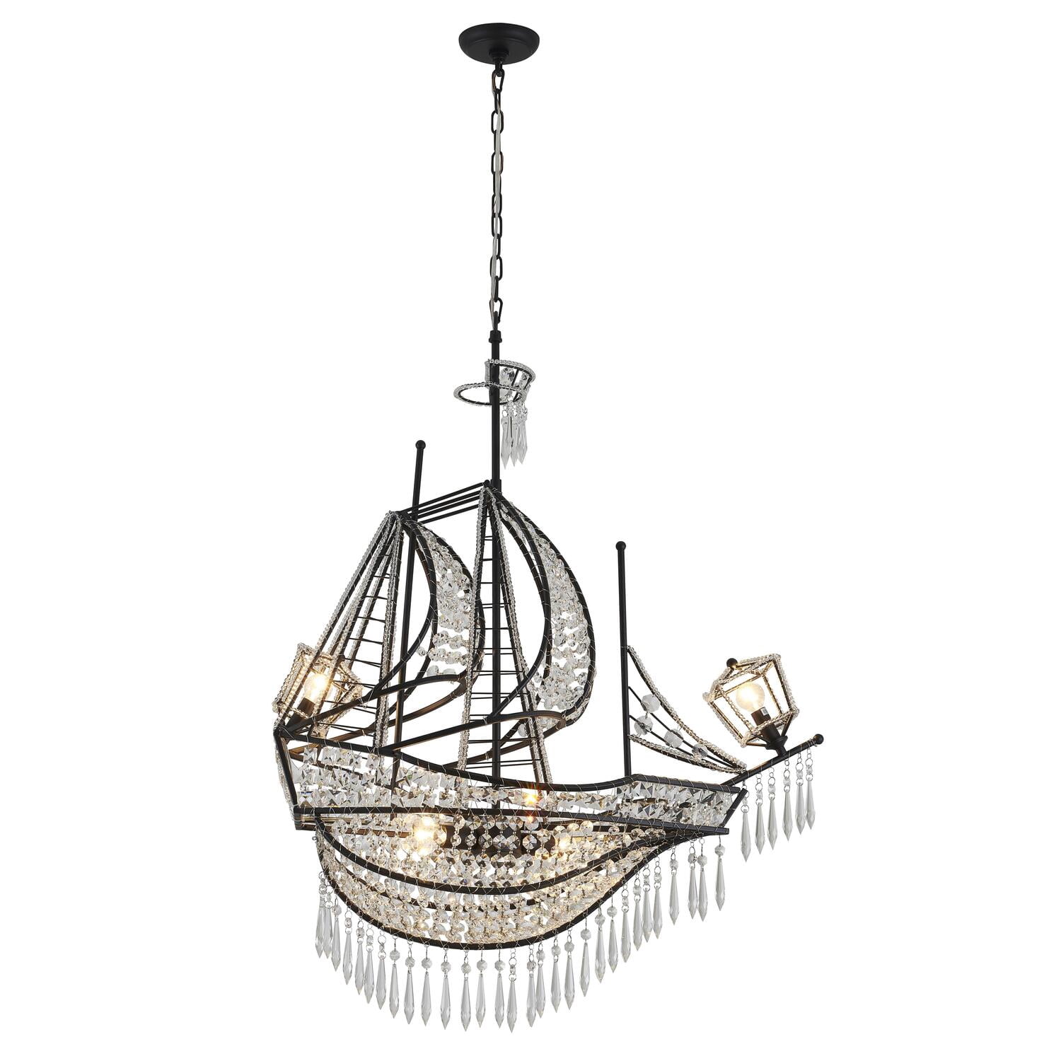 Design Living 4-Light Matte Black Sail Boat Chandelier With Clear Crystal Accents