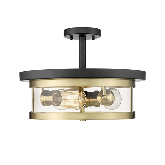 Design Living A black and gold round semi flush mount with a clear glass shade